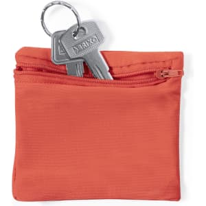 An orange zippered pouch containing a set of keys. The pouch features a sleek design for easy portability.