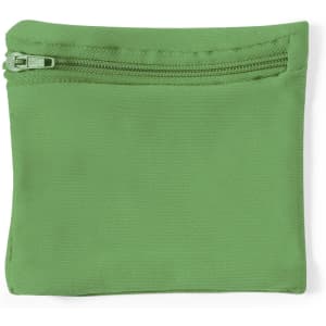 A green zippered pouch with a smooth fabric finish, featuring a single zip closure on top. It has no visible branding.