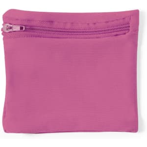 A pink pouch with a zipper closure, made of a soft fabric material. It has a simple and sleek design.
