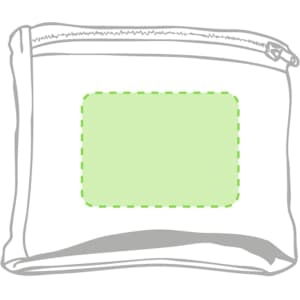 A white zip pouch with a transparent green insert area and a border outline.