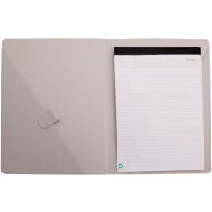 A grey Vimaz Folder with a notepad and a pocket for documents, featuring a logo on the inside.