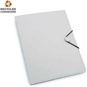 A grey Vimaz Folder made from recycled cardboard, featuring a button closure and elastic band.