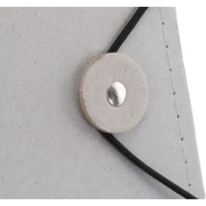 A grey folder featuring a rounded button closure and elastic strap, with visible stitching along the edge.
