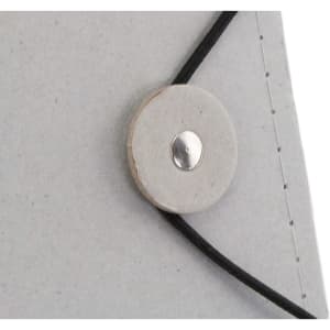 A grey folder with a circular button snap closure and a black elastic band. Features stitching detail.