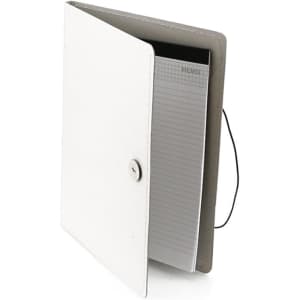 A white folder opened to display a grid-patterned notepad inside. It features a button closure and an elastic band.