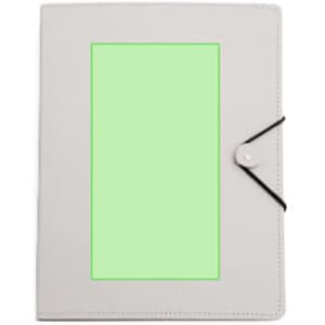 A grey folder with a green insert and an elastic closure, designed for office and business use.