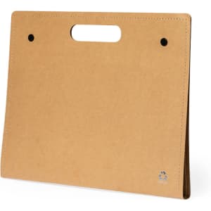 A tan Kelem Folder with a handle and black fasteners, featuring a small logo on the bottom corner.