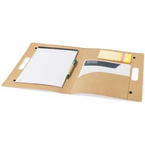 A tan Kelem Folder featuring a notepad, sticky notes, and a document pocket. It has a built-in pen holder.