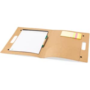 A tan Kelem Folder featuring an organisational section with a notepad holder and space for sticky notes.