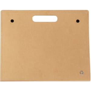 A brown Kelem Folder made of cardboard, featuring a handle and a logo on the bottom corner.