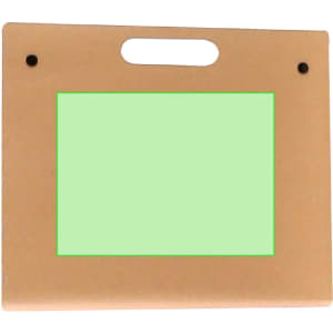 A tan Kelem Folder featuring a green insert and a handle, designed for holding documents.