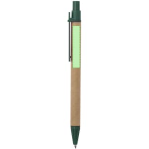 A green and brown pen with a textured barrel and a clip for attaching to notebooks or folders.