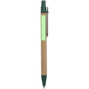 A green and brown pen with a textured wood-like finish and a small logo on the barrel.