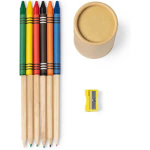 A set of six coloured pencils in green, yellow, red, orange, blue, and black, with a sharpener and a cylindrical container.