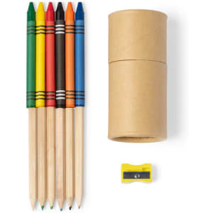 A set of six coloured pencils in red, green, blue, yellow, orange, and black, accompanied by a sharpener and a cardboard tube.