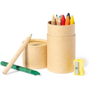 A cylindrical container filled with coloured pencils in various colours, alongside a green crayon and a pencil sharpener.