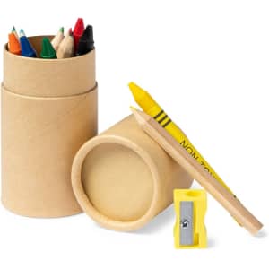 A cylindrical container holding various coloured pencils, a crayon, and a sharpener, all in neutral tones.