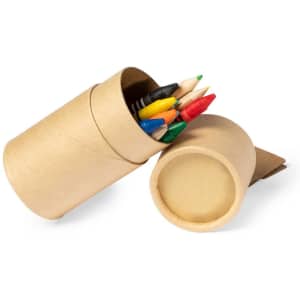 A cylindrical container partially open, revealing coloured pencils in red, green, blue, yellow, and black. The container has a natural brown texture and features a logo.