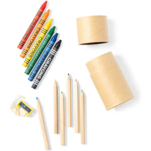 A collection of coloured pencils and crayons in various colours, with a sharpened pencil and cylindrical container.