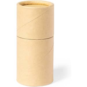 A cylindrical cardboard container, featuring a simple, unadorned brown surface. It has a minimalistic design.