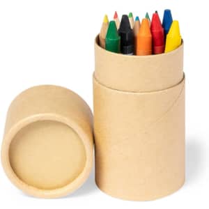 A cylindrical cardboard container holds an assortment of coloured pencils in various bright shades, including red, green, and blue.