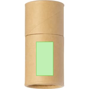 A cylindrical container in brown craft paper with a green label area for branding or decoration.