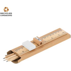 A wooden ruler with a set of pencils housed in a recycled cardboard case, featuring a sharpener.