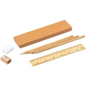 A stationery set featuring two pencils, a ruler, an eraser, a sharpener, and a brown cardboard box.