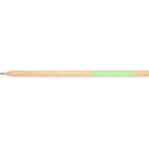 A wooden pencil with a sharpened tip and a green label on the side.