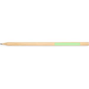 A wooden pencil with a sharpened tip and a light green label along the shaft.