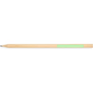 A wooden pencil with a pointed tip and a light green label on one side.