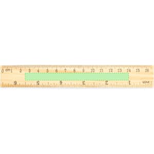 A wooden ruler with clear centimetre and inch markings, featuring a light natural finish. It has a logo at one end.