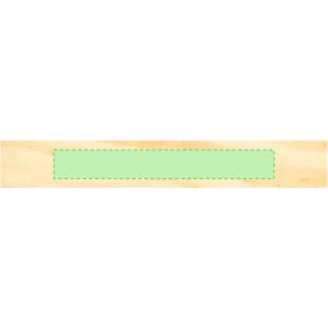 A wooden ruler with a light green standout area in the centre and a thin border. It features a logo.