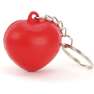 A red heart-shaped keyring with a metal chain and ring attached. It includes a small logo on its surface.