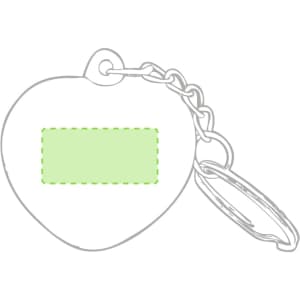A heart-shaped keyring with a chain attachment, featuring a blank area outlined in green.