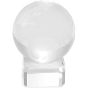 A clear, spherical globe sits on a rectangular crystal base, showcasing a polished finish.