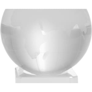 A clear, glass globe featuring continents, mounted on a transparent base. The design is sleek and modern.