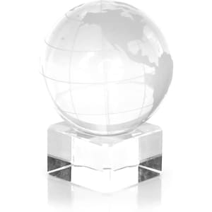 A clear crystal globe with a detailed map design, resting on a transparent square base.