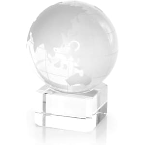 A clear globe on a transparent base, showcasing continents in a subtle design. It has a modern and elegant appearance.