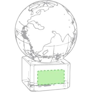 A clear globe trophy with a detailed map, resting on a rectangular base. The base features a logo.