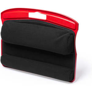A red phone holder with black padded sections designed for secure device placement. It features a handle on top.