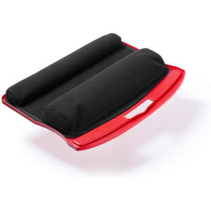 A red tech holder with two black padded rolls for support. It features a sleek, curved design and a logo.