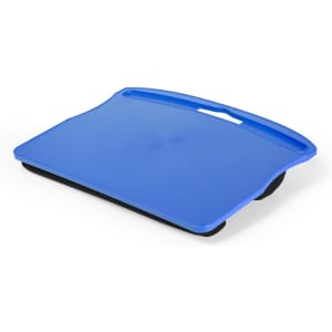 A blue lap desk with a flat surface and a handle, featuring a black underside.
