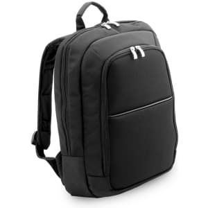 A black backpack with multiple compartments and zippers, featuring adjustable straps and a top handle.