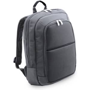 A grey backpack with a sleek design, featuring two zippered compartments and a branding logo.