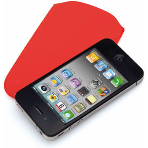 A red phone pouch lies beside a smartphone displaying an app interface. The pouch has a smooth surface and a rounded edge.