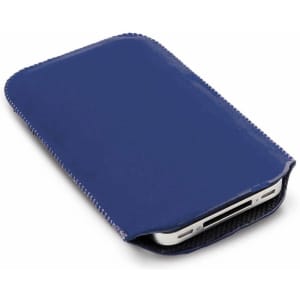 A navy blue phone pouch with a zipper, designed to hold a smartphone securely inside.