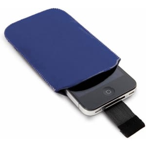 A blue phone pouch with a black strap, partially covering a smartphone inside. It has a simple design with visible stitching.