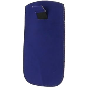 A purple phone wallet with a sleek design and a pull tab, featuring a branding logo.