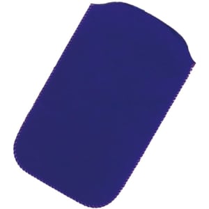 A purple phone wallet with a sleek design and stitched edges, featuring a simple branding logo.